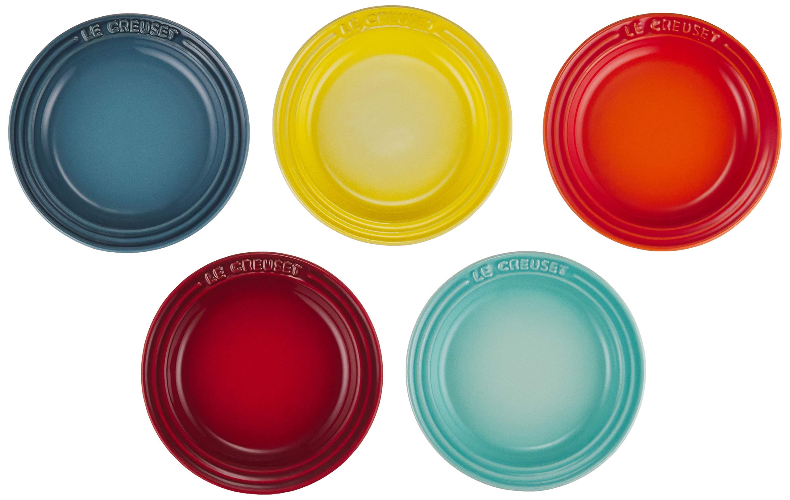 Le Creuset Mini Round Plates Set of 5 Rainbow Design Microwave Safe Bakeware