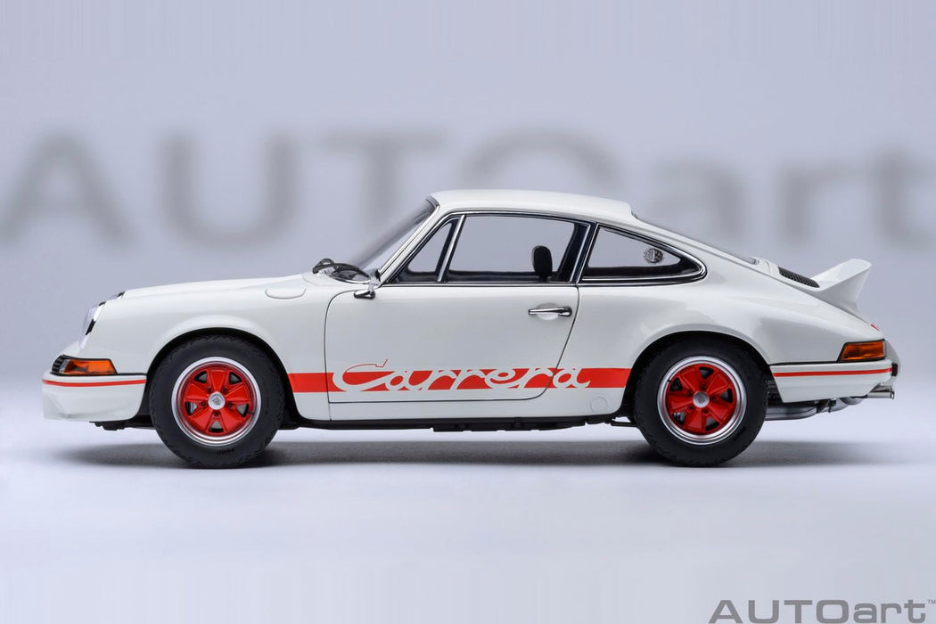 Autoart 1/18 Porsche 911 Carrera 2.7 RS Model in Grand Prix White with Red Stripes