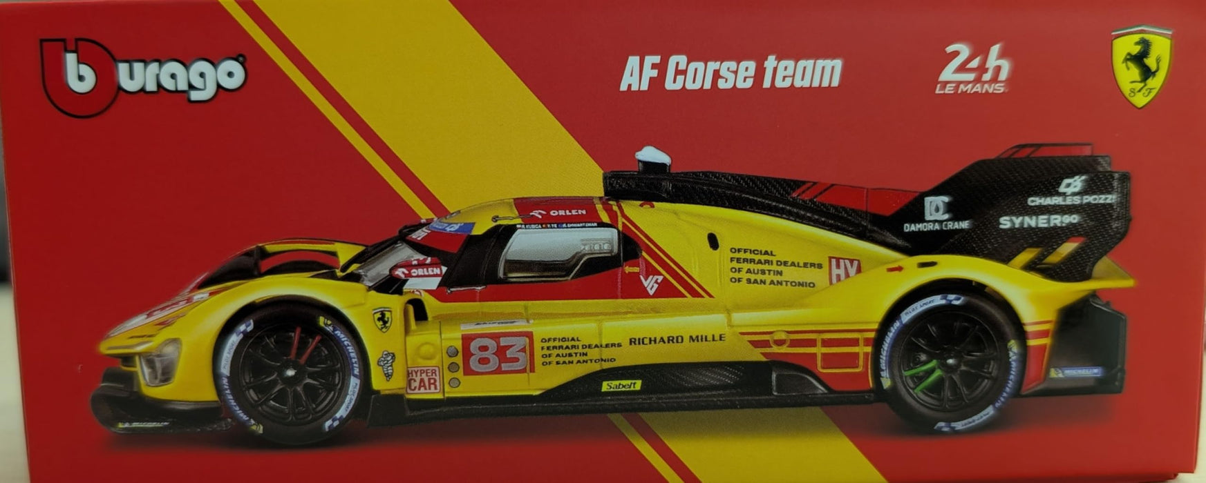 Modèle miniature Ferrari 499P Le Mans 2024 n° 83 jaune, Kyosho Burago 1/43, pour vitrine.