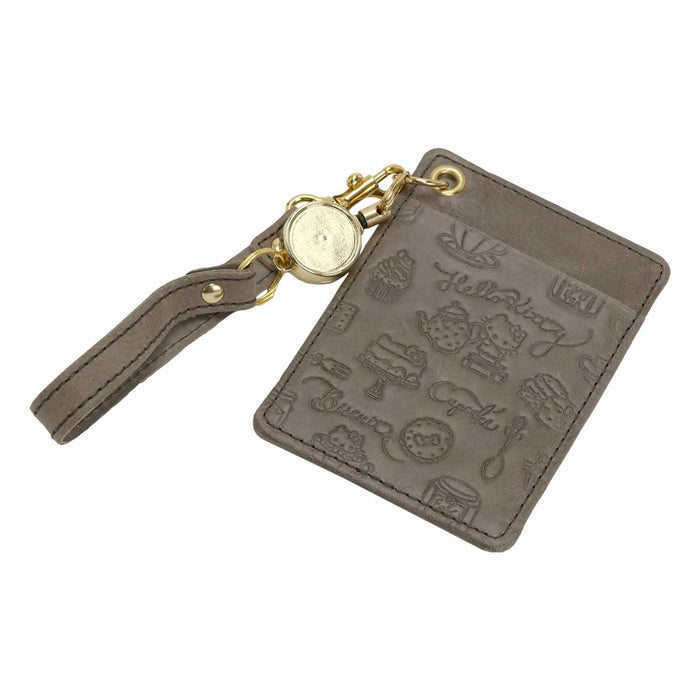 Sanrio Hello Kitty Genuine Leather Pass Case with Reel Strap for Women Gray- Japan Figure Store - #1 Bring To You The Best Japanese Goods