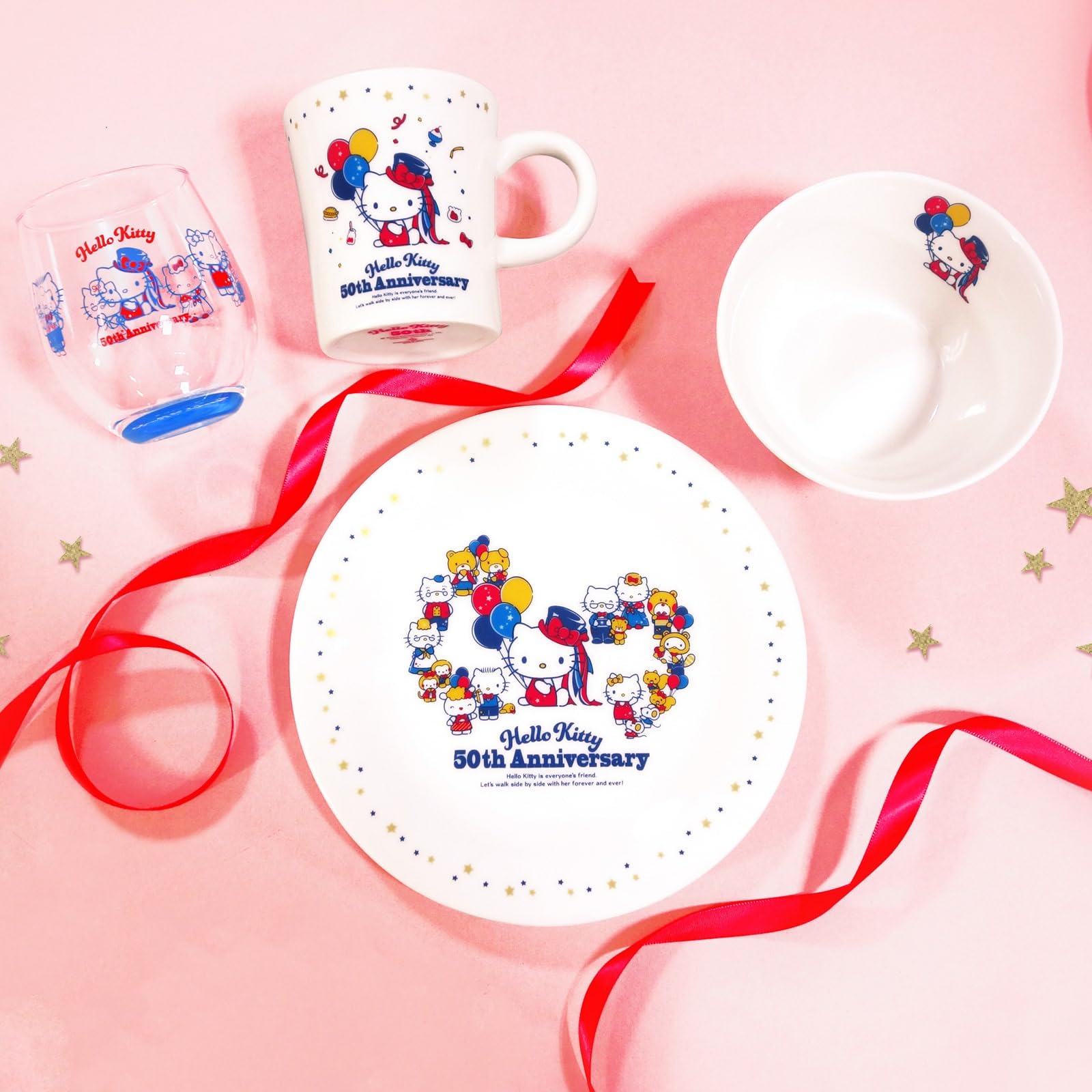Kanesho Pottery Sanrio Hello Kitty 50th Anniversary Glass Tumbler 8x9cm Red