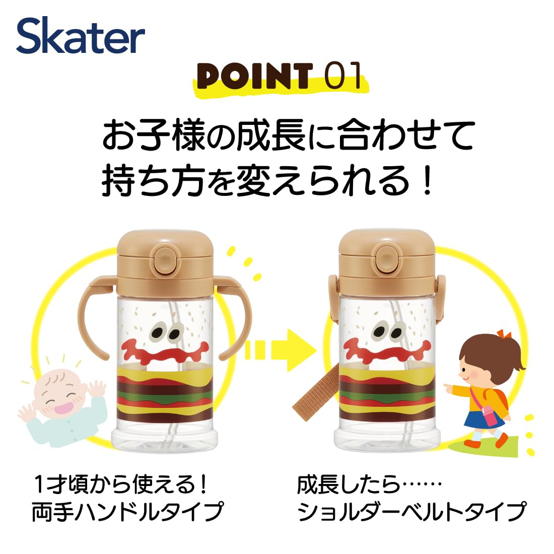Skater Baby 370ml Straw Mug Burger Conks Design Foldable Handle & Shoulder Strap 1yr+ Suitable- Japan Figure Store - #1 Bring To You The Best Japanese Goods