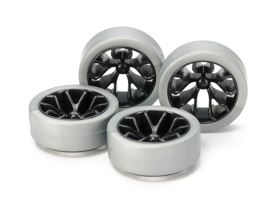 Tamiya Mini 4Wd 95412 Hard Low-Profile Tires Silver & Carbon Wheels Y Spoke- Japan Figure Store - #1 Bring To You The Best Japanese Goods